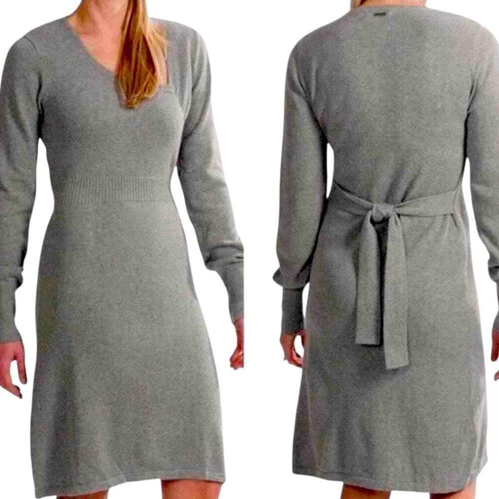 Prana Women L Ziggy Sweater Dress Gray Long Sleeve Tie Waist Ruched Side